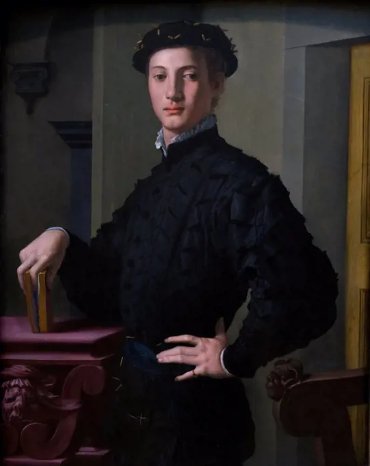 Portrait of Young Man by Bronzino also known as Agnolo di Cosimo di Mariano (Monticelli 1503-1572 Florence) ; Oil on wood.