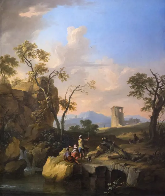 Mountain landscape with figures and tower by Franz de Paula Ferg (1689 - 1740); Oil on canvas; 18th Century 