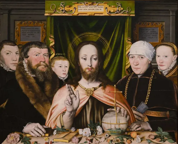 Christ Blessing; Surrounded by Donor Family by Unknown painter (active 1560s - 80s); Oil on Wood; circa 1573 - 82