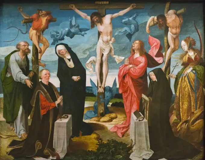 Crucifixion with Donors and Saints Peter and Margaret by Cornelis Engebrechtsz (1461 - 1527); Oil on wood; circa 1525 - 27