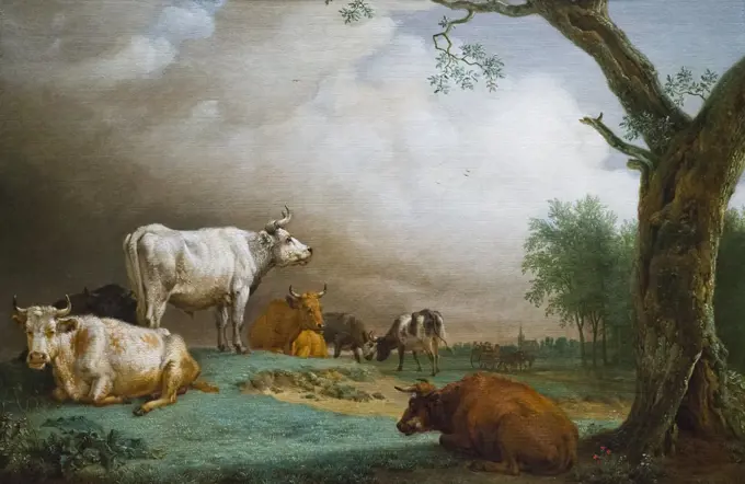 Cattle in meadow by Paulus Potter (1625 - 1654); Oil on wood; 1652