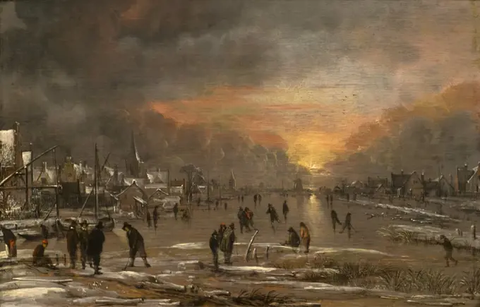 Sports on frozen river by Aert van der Neer (160/4 - 1677); oil on wood; probably circa 1660