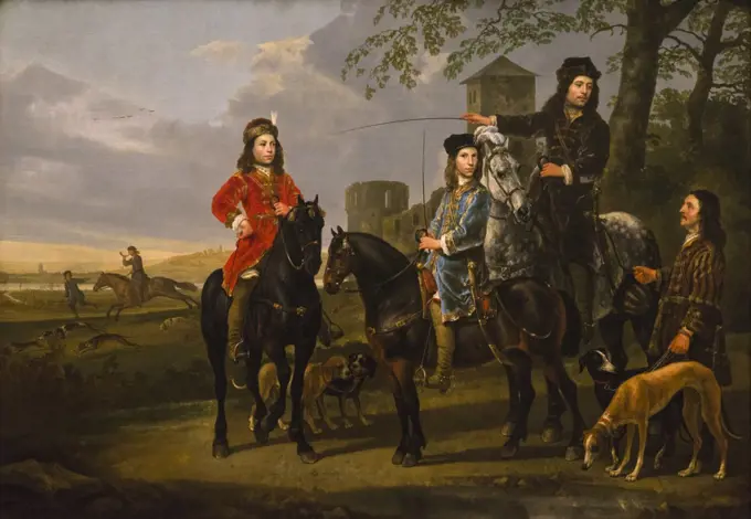 "Equestrian Portrait of Cornelis; (1639 - 1680) and Michiel Pompe van Meerdervoort (1638 - 1653) with their tutor and coachman (""Starting for Hunt"") by Aelbert Cuyp (1620 - 1691); Oil on canvas; circa1652 - 53"