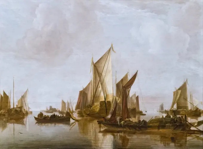 State yacht and other craft in Calm Water by Jan van de Cappelle (1626 - 1679); Oil on Wood; circa 1660