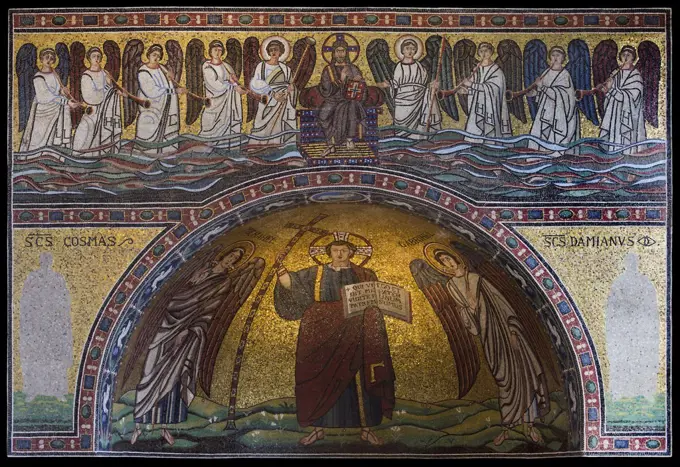 Tesserae of colored smalt and stone apse: Christus Victor with Archangels Michael and Gabriel end wall: Christ enthroned; Archangels and Angels 