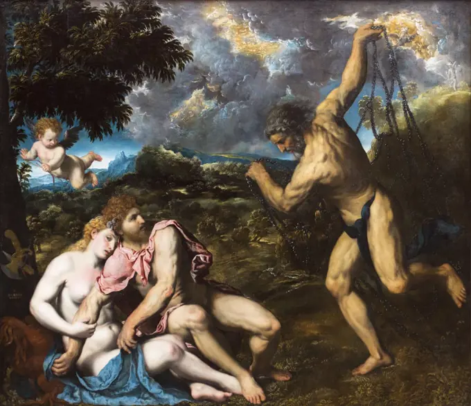 Mars and Venus; surprised by Vulcan ; 1549. (Paris Bordon 1500 - 1571)