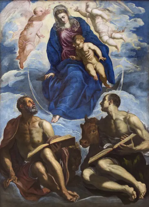 Mary with the child worshiped by the evangelist Mark and Lucas. Shortly before 1570/75. (Jacopo Robusti; gen. Tintoretto; 1518 Venice Venice 1594)