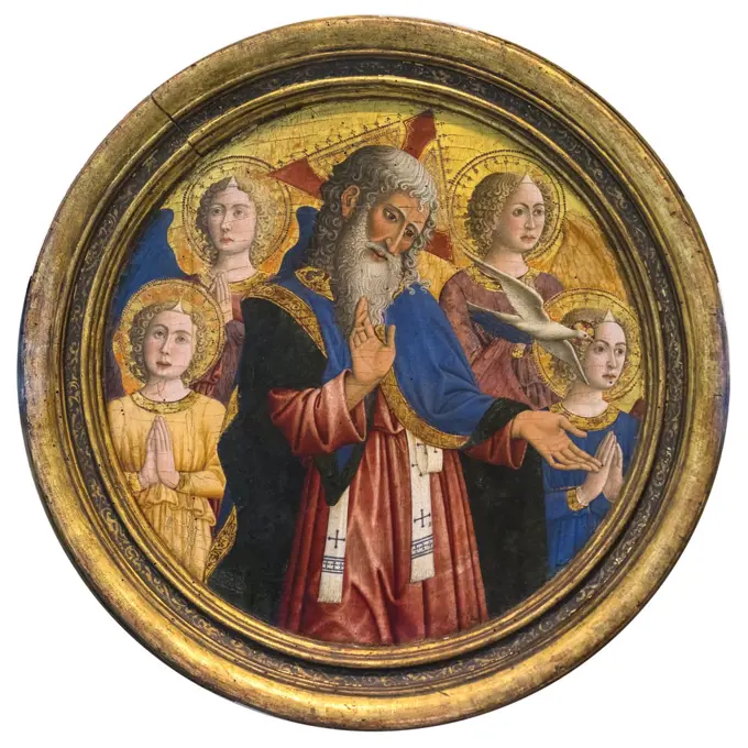 Tondo: God the Father with Four Angels and the Dove of the Holy Spirit; circa 1460 Tempera and gold on panel Giovanni Francesco da Rimini; Italian Bolognese; active 1441-70