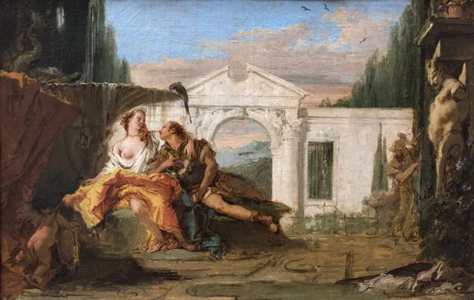 Rinaldo and Armida overheard in the magic garden of Armida; Carlo and Ubaldo. (Giovanni Battista Tiepolo; 1696 Venice 1770 Madrid)