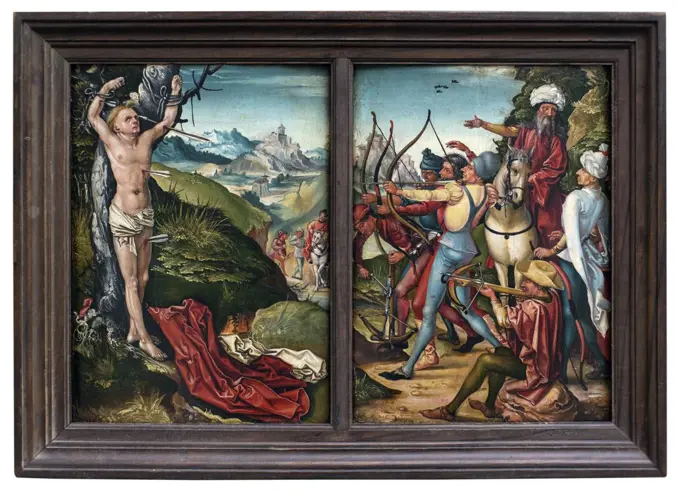 The Martyrdom of St. Sebastian. About 1510. (diptych). (Master of Seba-stian diptych; active in 1510 in order-circle of Hans Baldung in Strabburg)