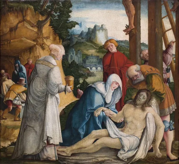 The Lamentation and Entombment of Christ. (Master of Mebkirch; active around 1520-1550 in the Upper Rhine)