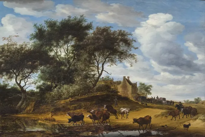 "Landscape with Cattle and an Inn 1661 Oil on wood by Salomon van Ruysdael, Dutch (active Haarlem), 1600/03 - 1670"