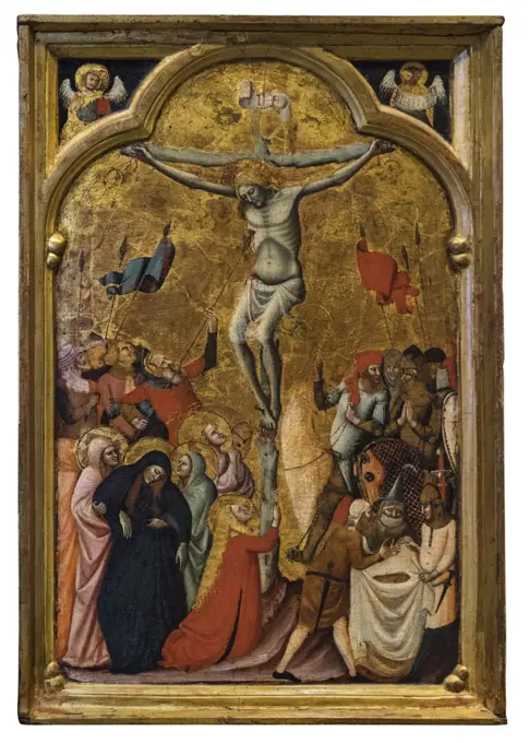 "The Crucifixion; with symbols of the Evangelists Matthew and John C. Tempera and tooled gold on panel by Vitale da Bologna (Vitale di Aimo degli Equi, or Vidalino Aymi de Equis), Italian (active Bologna), documented 1330 - 1359"