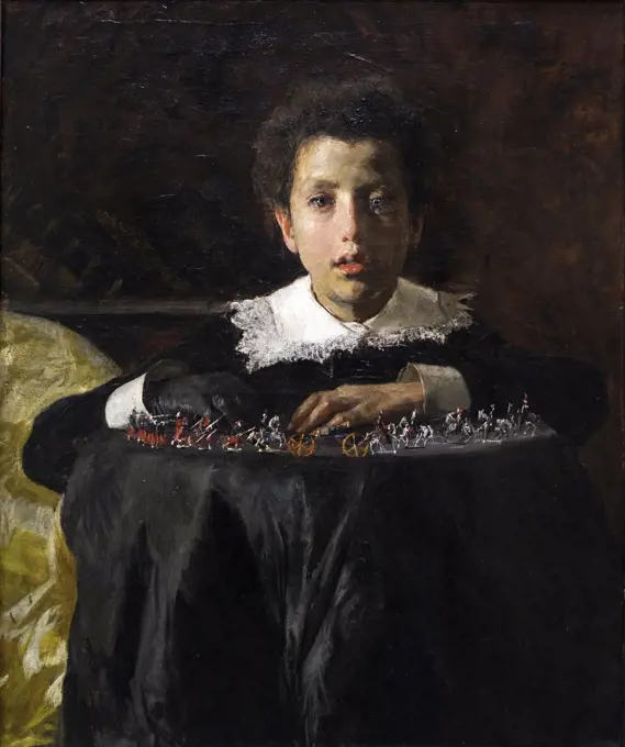 "Boy with Toy Soldiers c. 1876 Oil on canvas by Antonio Mancini, Italian, 1852 - 1930"