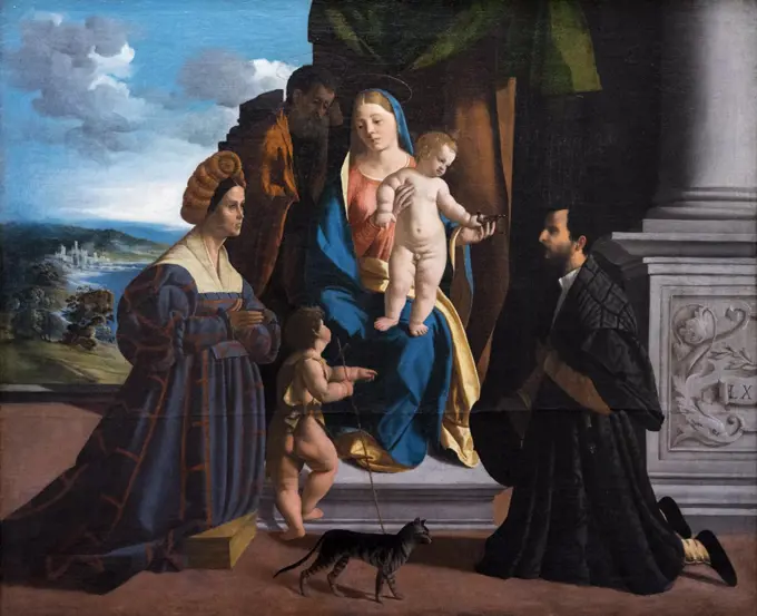 Altarpiece showing the Holy Family; with the Young Saint John the Baptist; a Cat; and Two Donors c. 1512-13 Oil on canvas Dosso Dossi Italian (active Ferrara) First recorded 1512; died 1542