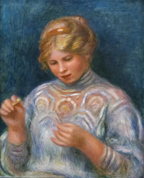 "Girl Tatting 1906-8 Oil on canvas Pierre-Auguste Renoir, French, 1841 - 1919"