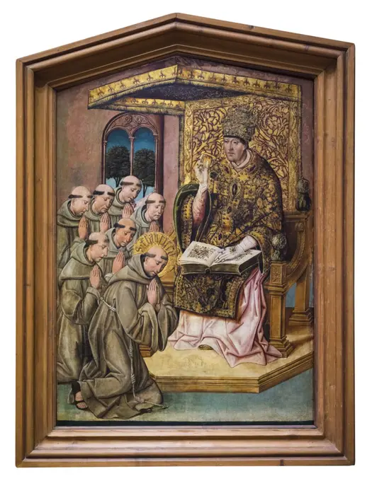 Panel from an altarpiece showing Pope Honorius III Approving the Rule of Saint Francis of Assisi c. 1500 Tempera and tooled gold on panel