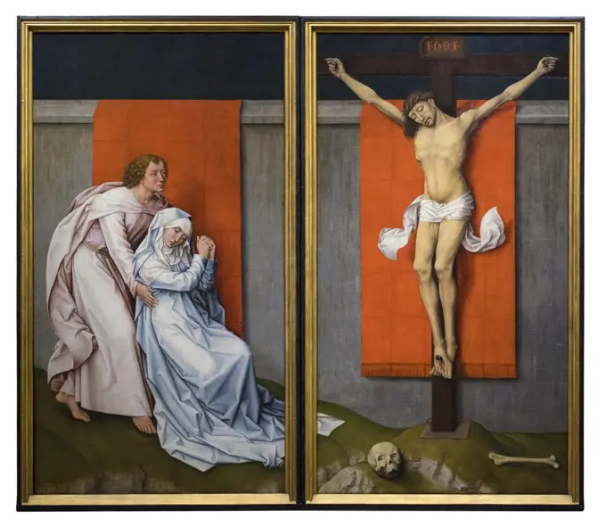 The Crucifixion; with the Mourning Virgin and Saint John the Evangelist c. 1460 panel by Rogier van der Weyden