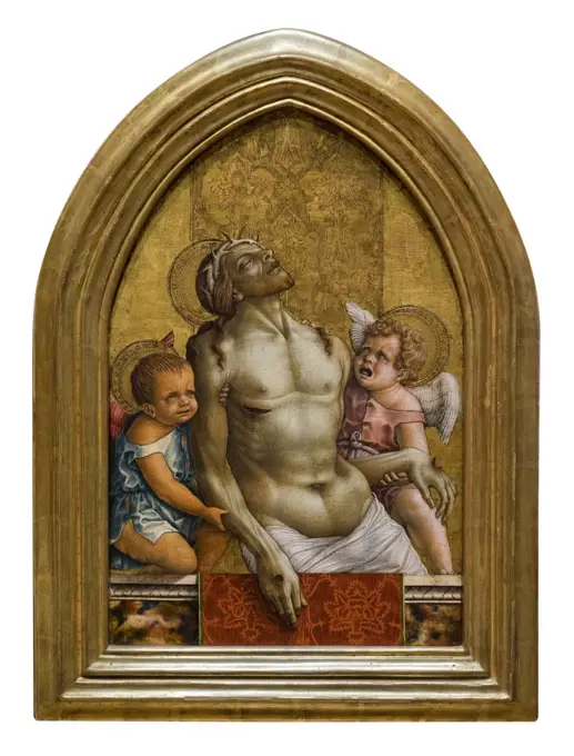"Pinnacle from an altarpiece showing the Dead Christ Supported by Two Angels c. 1472 Tempera and tooled gold on panel by Carlo Crivelli, Italian"