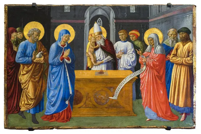 "Predella panel showing the Presentation of Christ in the Temple and the Purification of the virgin 1461-62 Tempera and tooled gold on panel by Benozzo Gozzoli (Benozzo di Lese di Sandro), Italian"