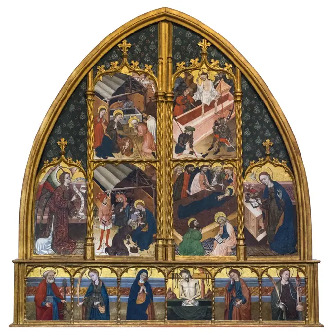 Nativity; Annunciatory Angel; Adoration of the Magi (left); Resurrection; Death of the Virgin; The Annunciate (right); Saints Peter and Lucy; Virgin Mary; Resurrected Christ; Saints John and Barbara (predella) About 1450-80 Probably tempera on panel Unknown artist Spanish
