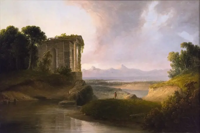 Romantic Landscape with a Temple; 1834 Oil on panel Thomas Doughty American; 1793-1856