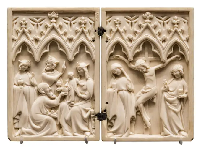 Diptych with the Adoration of the Magi and the Crucifixion; mid 1300s Ivory Unknown artist; French or German