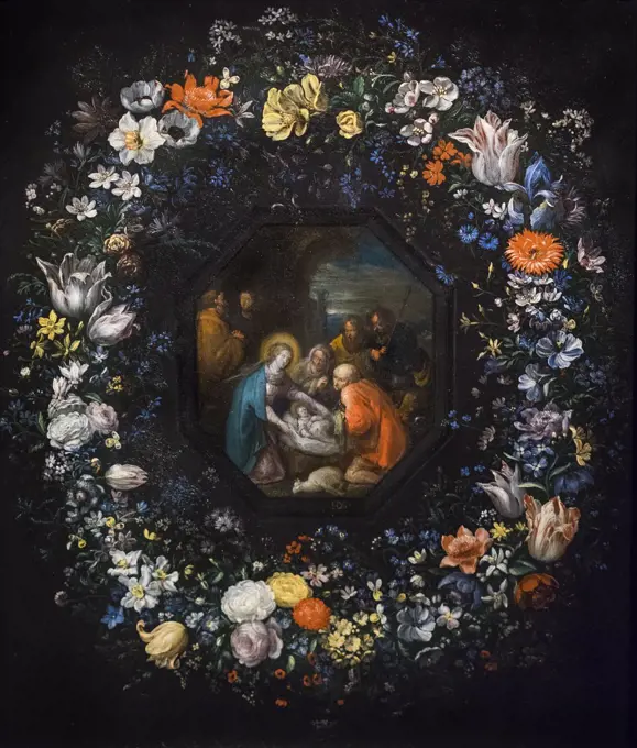 Garland of Flowers with Adoration of the shepherds c; 1625 - 1630 Oil on copper Frans Francken the Younger; 1581-1642 and Master HDB; Flemish