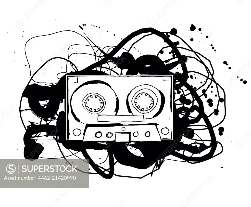 Audio cassette with tangled recording tape on white background