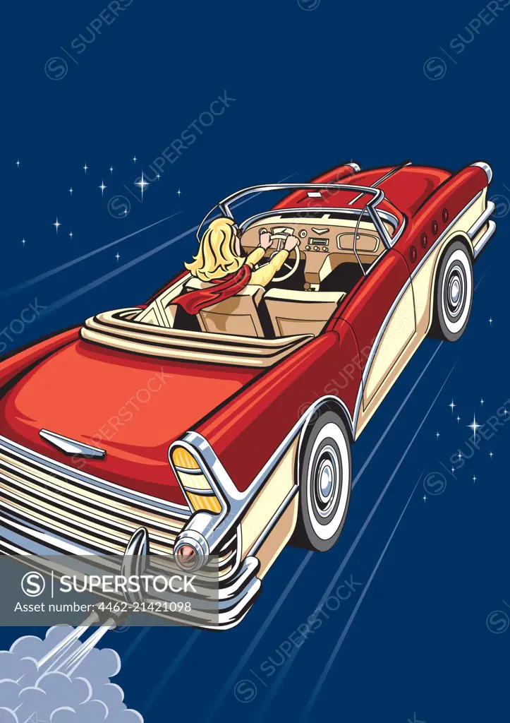 High angle view of blond female driving red vintage car in space