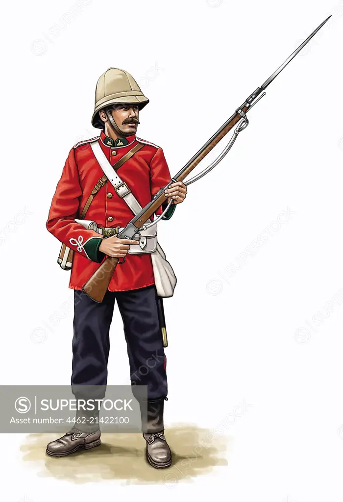 Army solder wearing red military uniform and beige army helmet holding gun