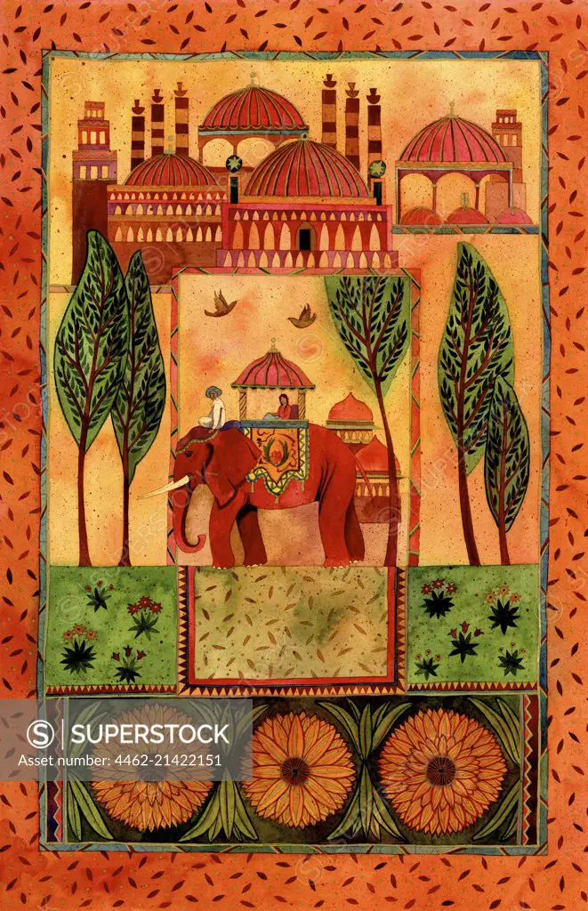 People on elephant, architecture and floral pattern