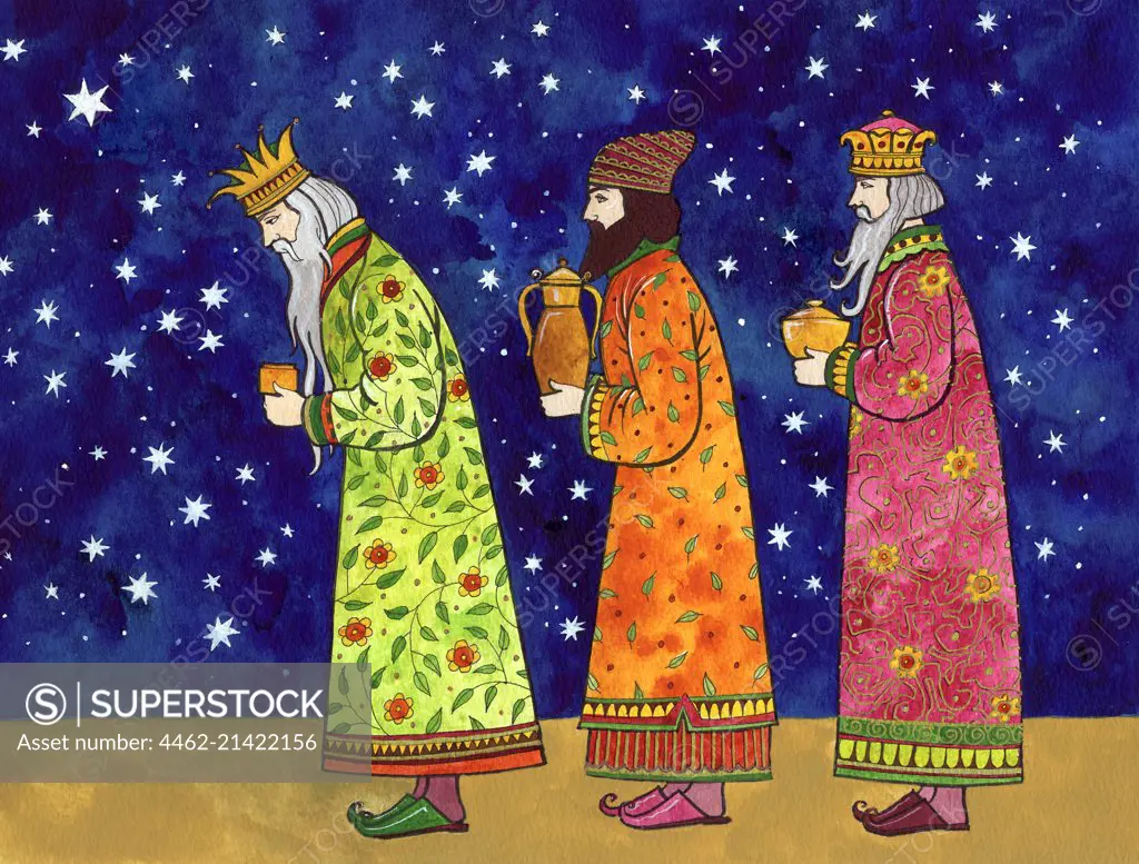 Three kings carrying gifts, stars in sky