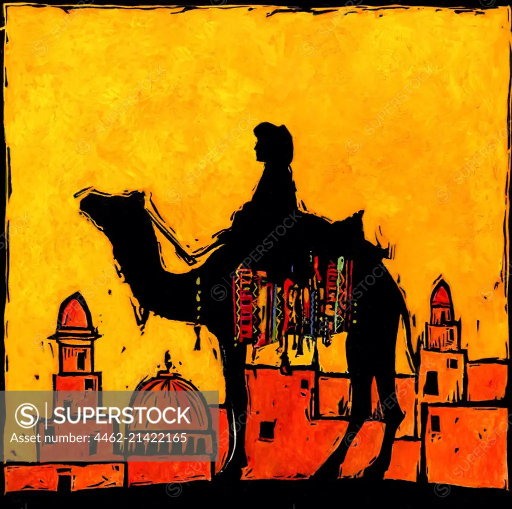 Silhouette of person on camel against city