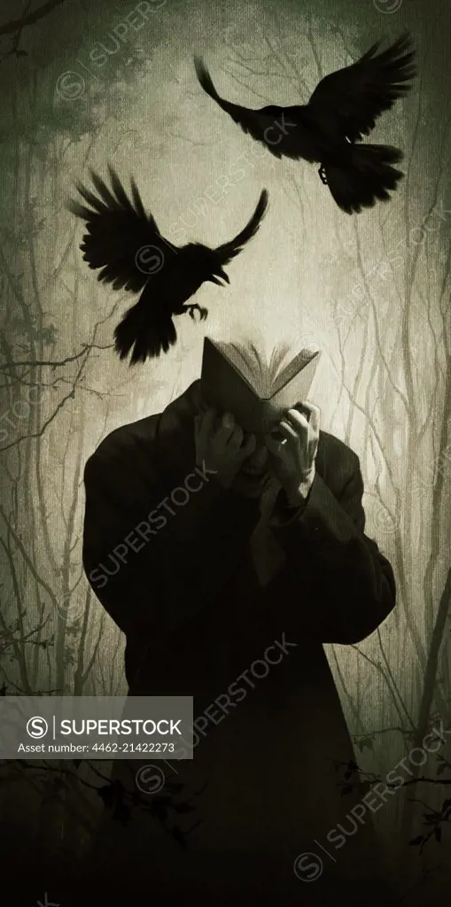 Man with head made of book and crows attacking him