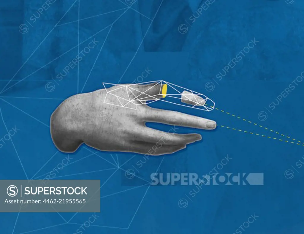 Hand with missing finger on blue background