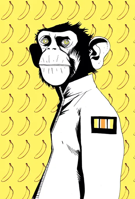 Portrait of monkey in jacket on background with banana pattern