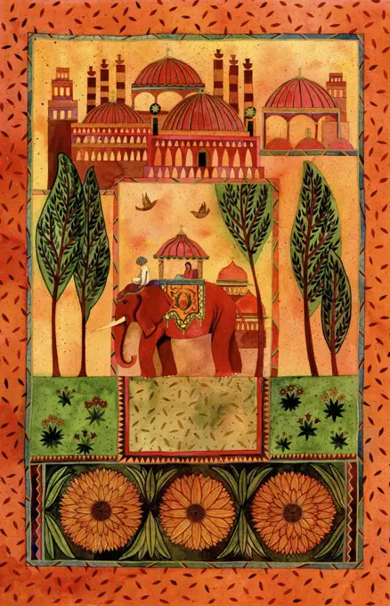 People on elephant, architecture and floral pattern