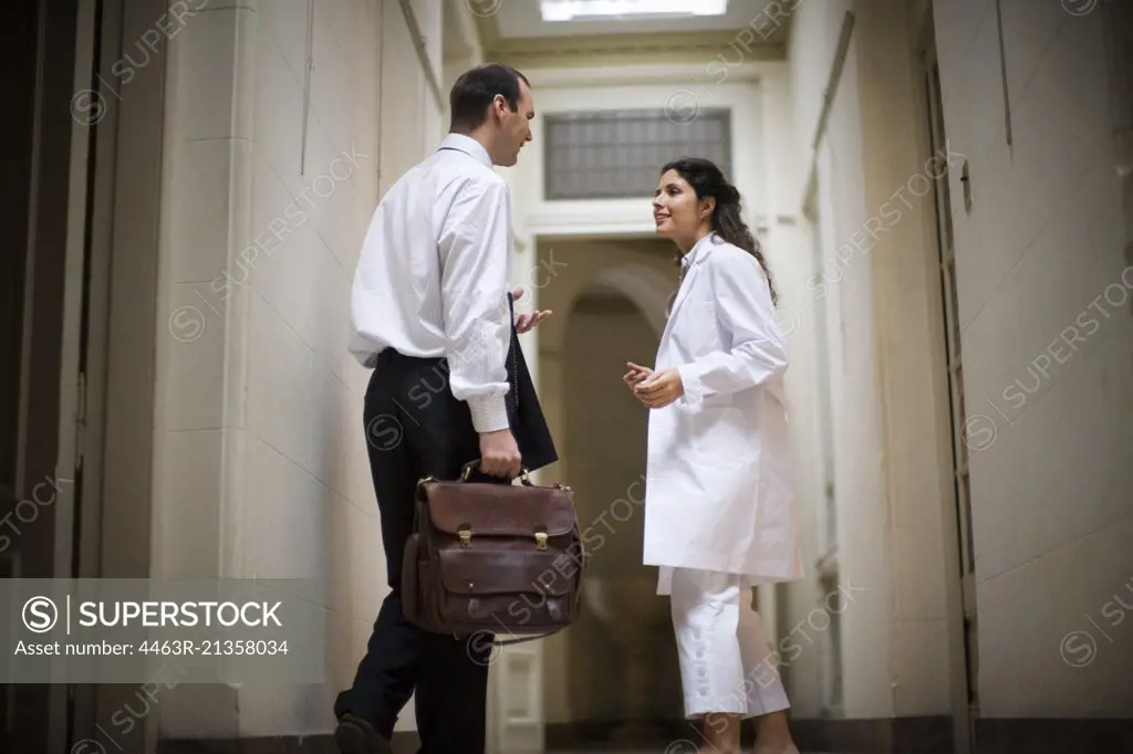 View of two people in a conversation.