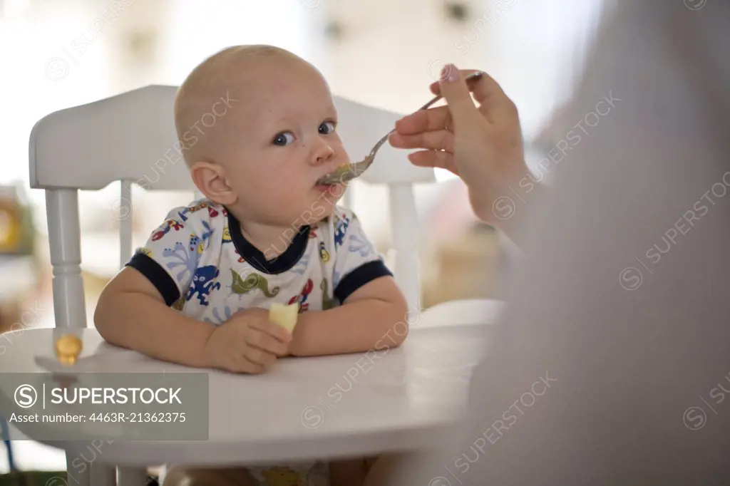 Baby boy in high chair being fed