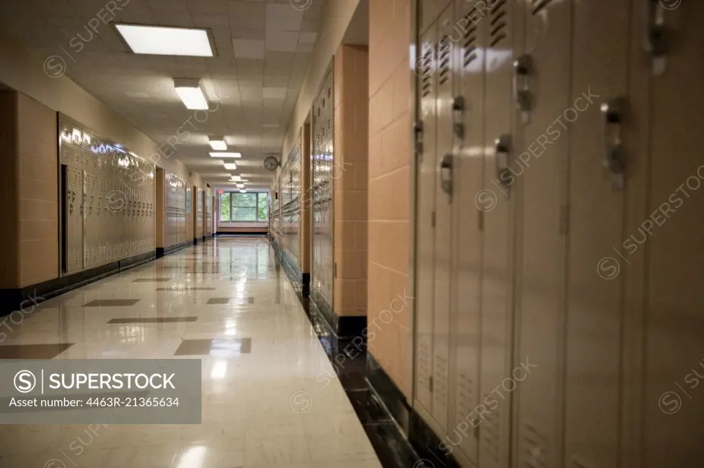 Lookers inside an empty school corridor.