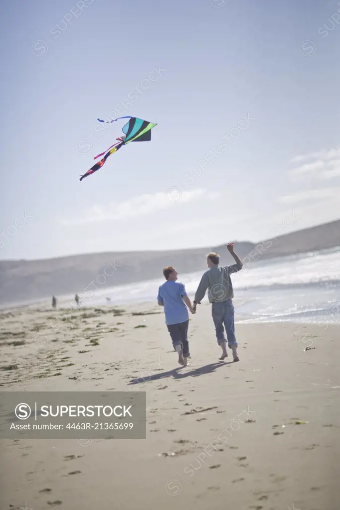 Happy male couple flying a kite while holding hands on a beach.