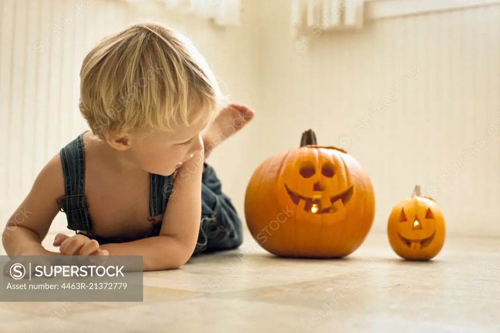 Young boy lies front down on a floor and looks back at a big Jack O'Lantern and a small Jack O'Lantern lit with candles inside next to him as he poses for a portrait.