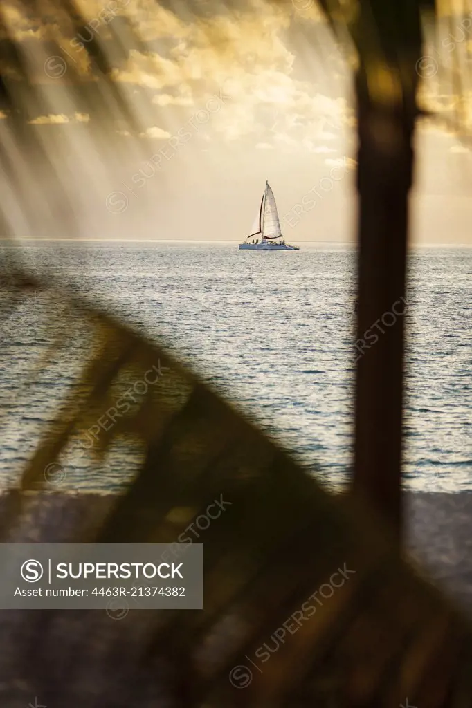 Sailboat drifts gently on a calm tropical ocean at sunset.