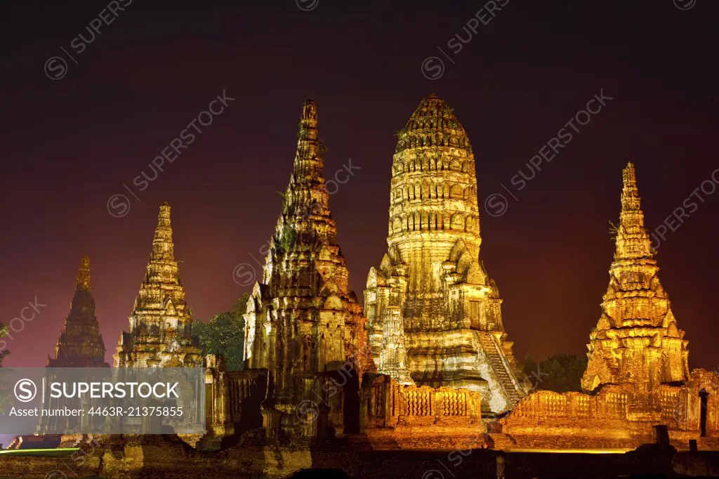 Wat temple at night in Thailand.