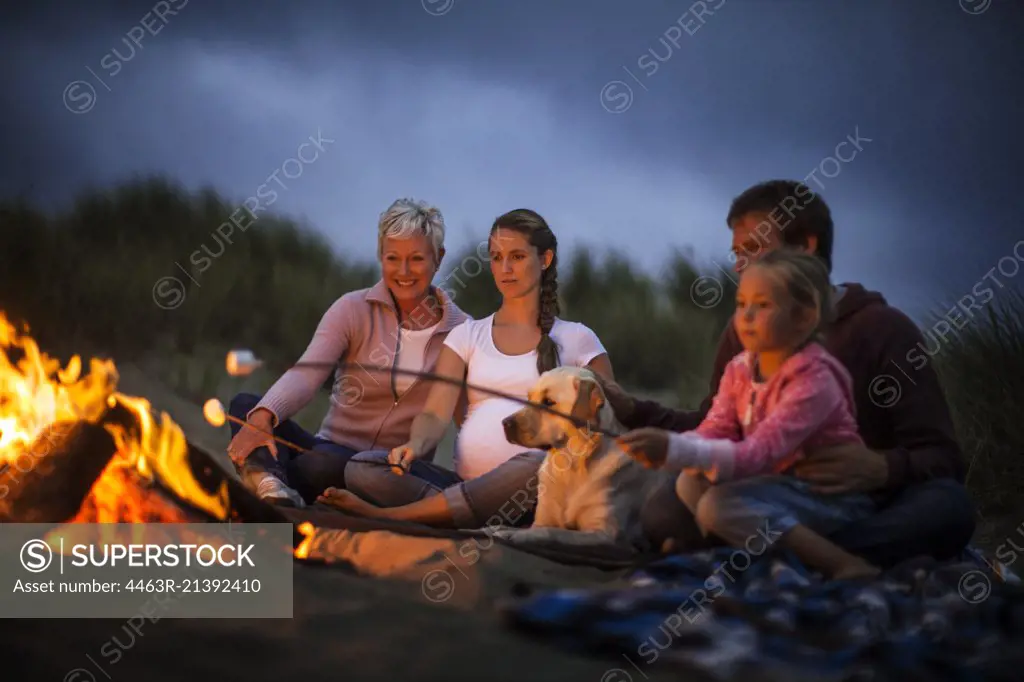 Multi-generational family enjoy toasting marshmallows over a beach bonfire at night.