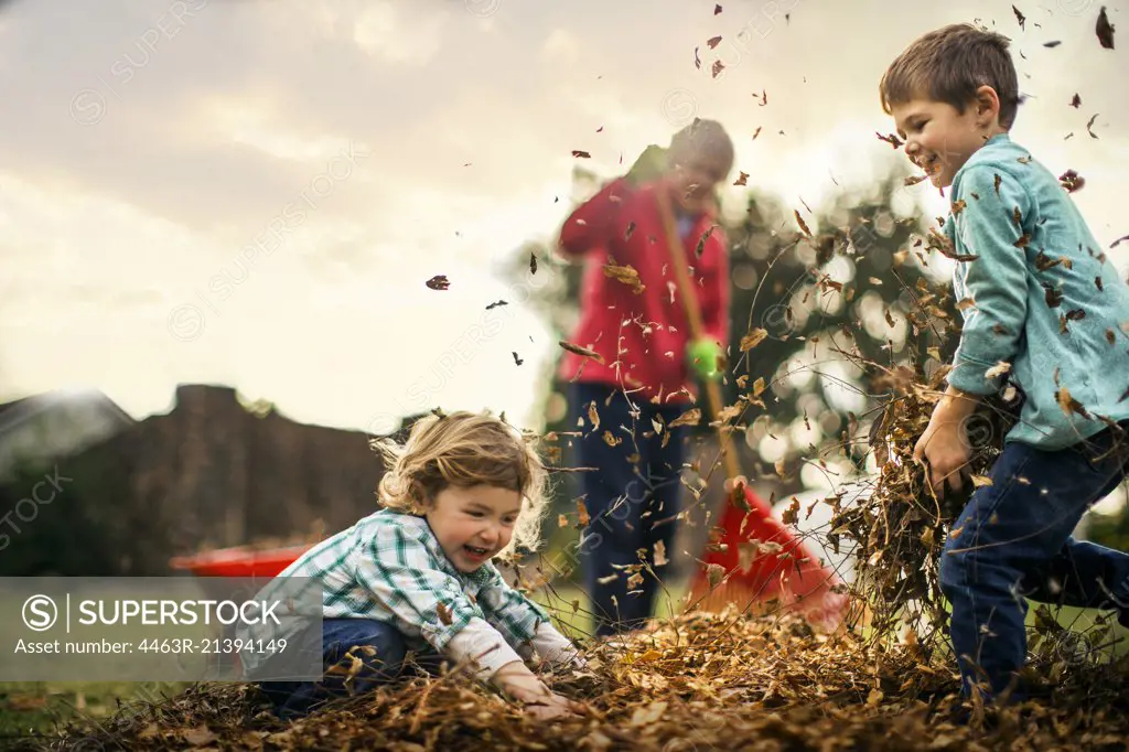 Two young boys playing in leaves.