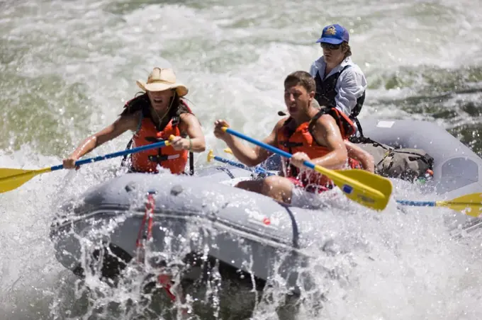 Group of people white water rafting in a river.