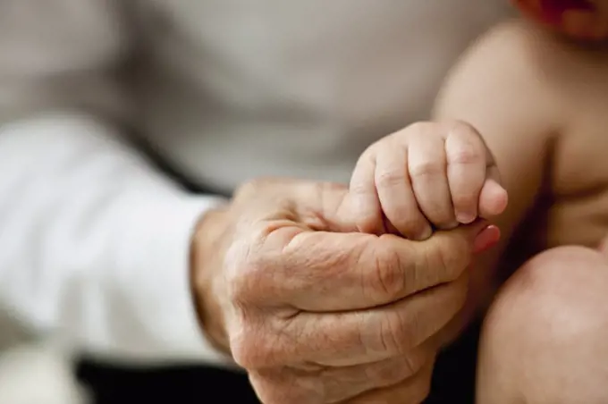 Close-up of elderly woman's hand as she holds her baby grandson's hand.