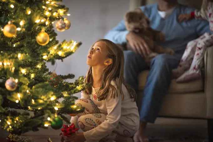 Young girl looking up at a decorated and illuminated Christmas tree.